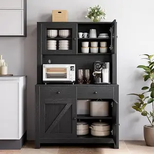 Black Kitchen Pantry Cabinet with Microwave Stand, Freestanding Kitchen Cabinet with Storage Drawers, Door Cabinets & Adjustable Shelves, Food Pantry for Dining Room