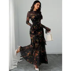 Women's Floral Print Dress, Elegant Gothic Long Sleeve Dress for Party Holiday Wedding Guest, Chic Ladies Clothes for All Seasons, Floral Formal Longsleeves Womenswear, Elegant Dresses, Wedding Dress Prom（gift）