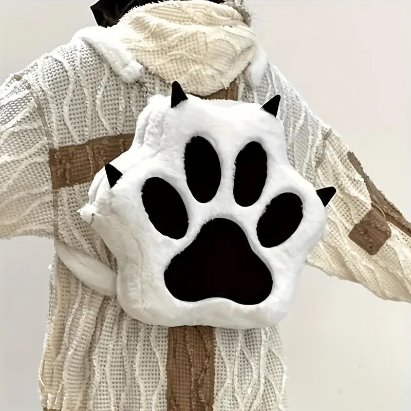 Y2K Cartoon Puppy Paw Plush Large-Capacity Shoulder And Crossbody Bag, Zipper Closure Design, Fashionable Faux Fur Leather Backpack, Creative Trendy Schoolbag