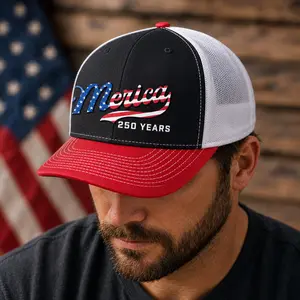 TRENZ SHIRT COMPANY Men's 250th American Anniversary Trucker Hat Patriotic USA Flag 'Merica Beer Logo Embroidered Mesh Back One Size Fits Most