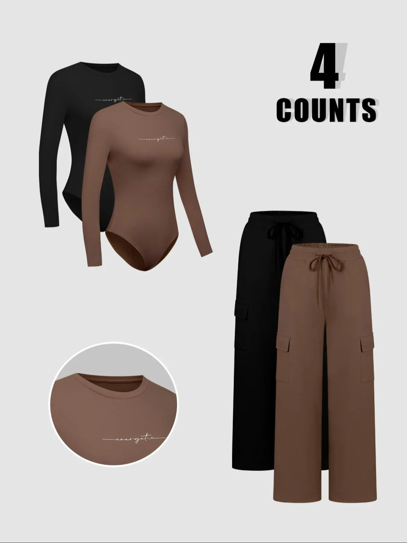 Women's Solid Jersey Soft Long Sleeve Fit Bodysuit & Adjustable Drawstring Waist Pants Set, Casual Round Neck Bodysuit & Trousers, Women's Clothing for Daily Wear, Everyday, Womenswear, Casual Knit Set