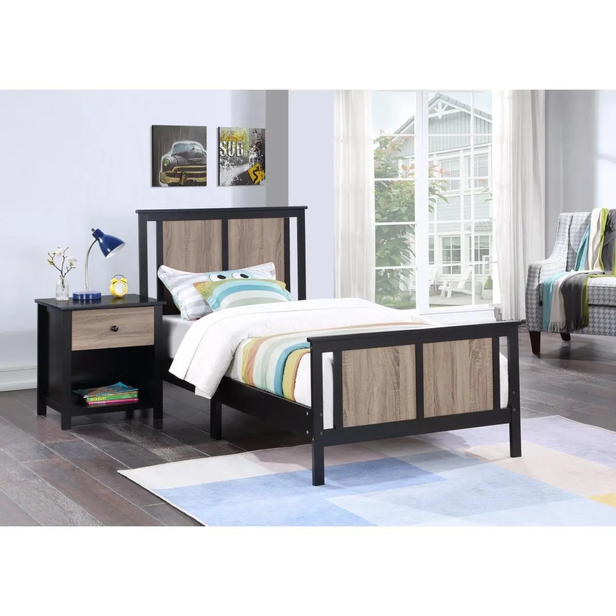 Olive & Opie 27511-BLK Connelly Double-Sided Panel Twin Indoor Bed - Black & Vintage Wood, Kid's Room Furniture, 59.5 lbs, 77"l x 41.75"w x 42.5"h, Assembly Required