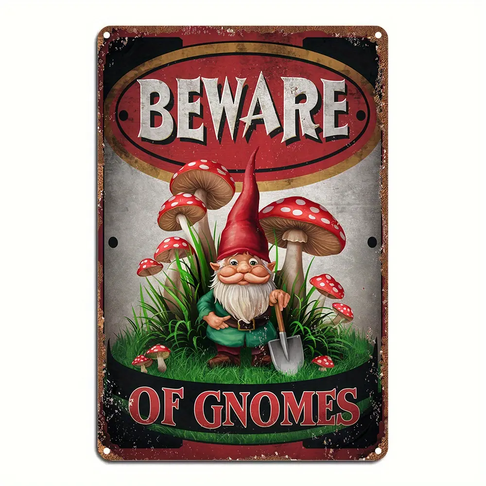 Vintage Gnome Warning Tin Sign - 8x12 Inch Aluminum Garden Decor with Whimsical Gnome & Mushroom Design, Perfect for Fantasy Lovers, Enthusiasts, and Fairy Gardens, Whimsical Outdoor Sign |   Fantasy Garden Decor |   Distressed Finish, Gard retro, Home De