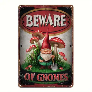 Vintage Gnome Warning Tin Sign - 8x12 Inch Aluminum Garden Decor with Whimsical Gnome & Mushroom Design, Perfect for Fantasy Lovers, Enthusiasts, and Fairy Gardens, Whimsical Outdoor Sign |   Fantasy Garden Decor |   Distressed Finish, Gard retro