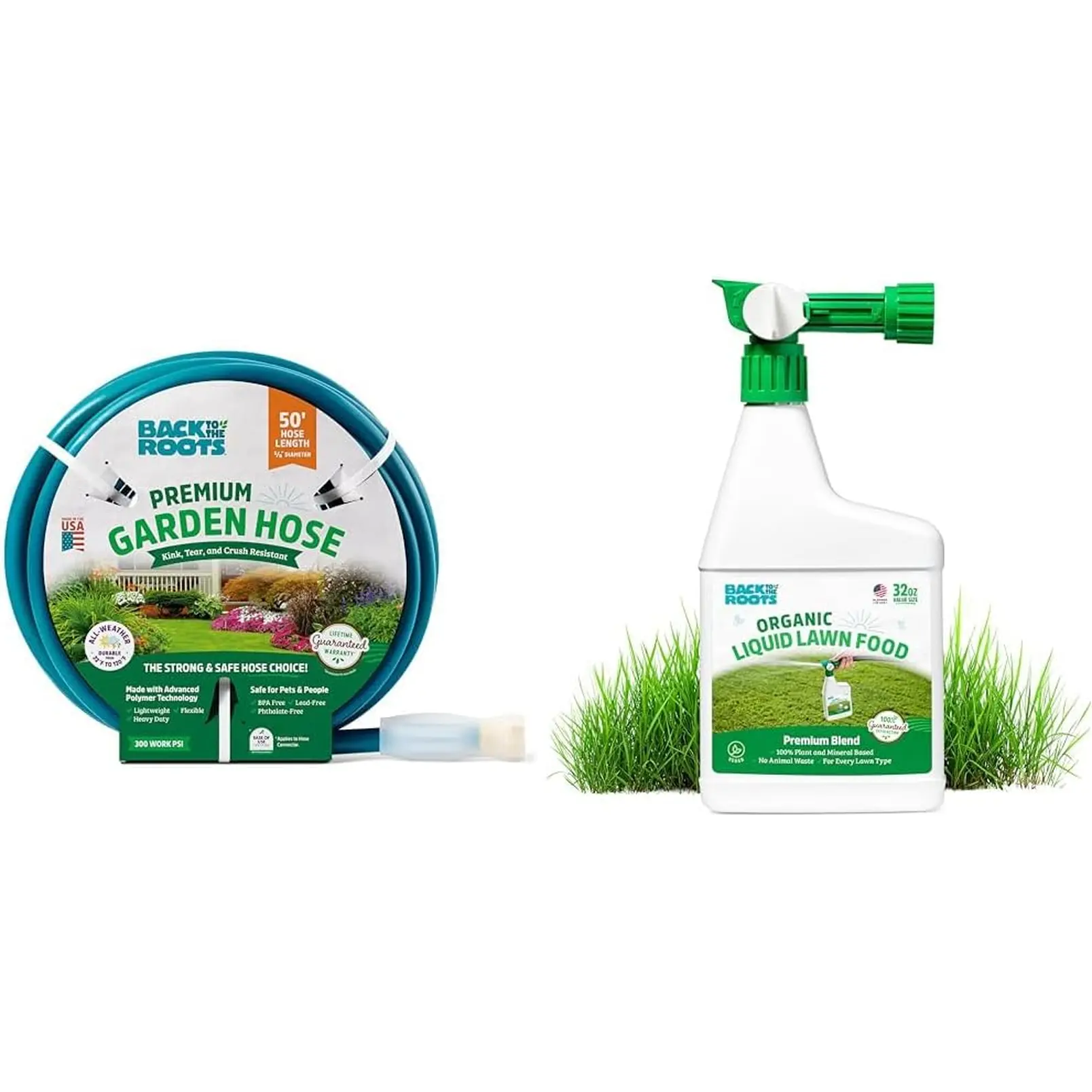 Bundle of Back to the Roots Kink Resistant, Bpa-Free Garden Hose, 50Ft + Back to the Roots 100% Organic Liquid Lawn Food 32Oz | 2,000 Sq Ft Coverage | for All Lawn Types