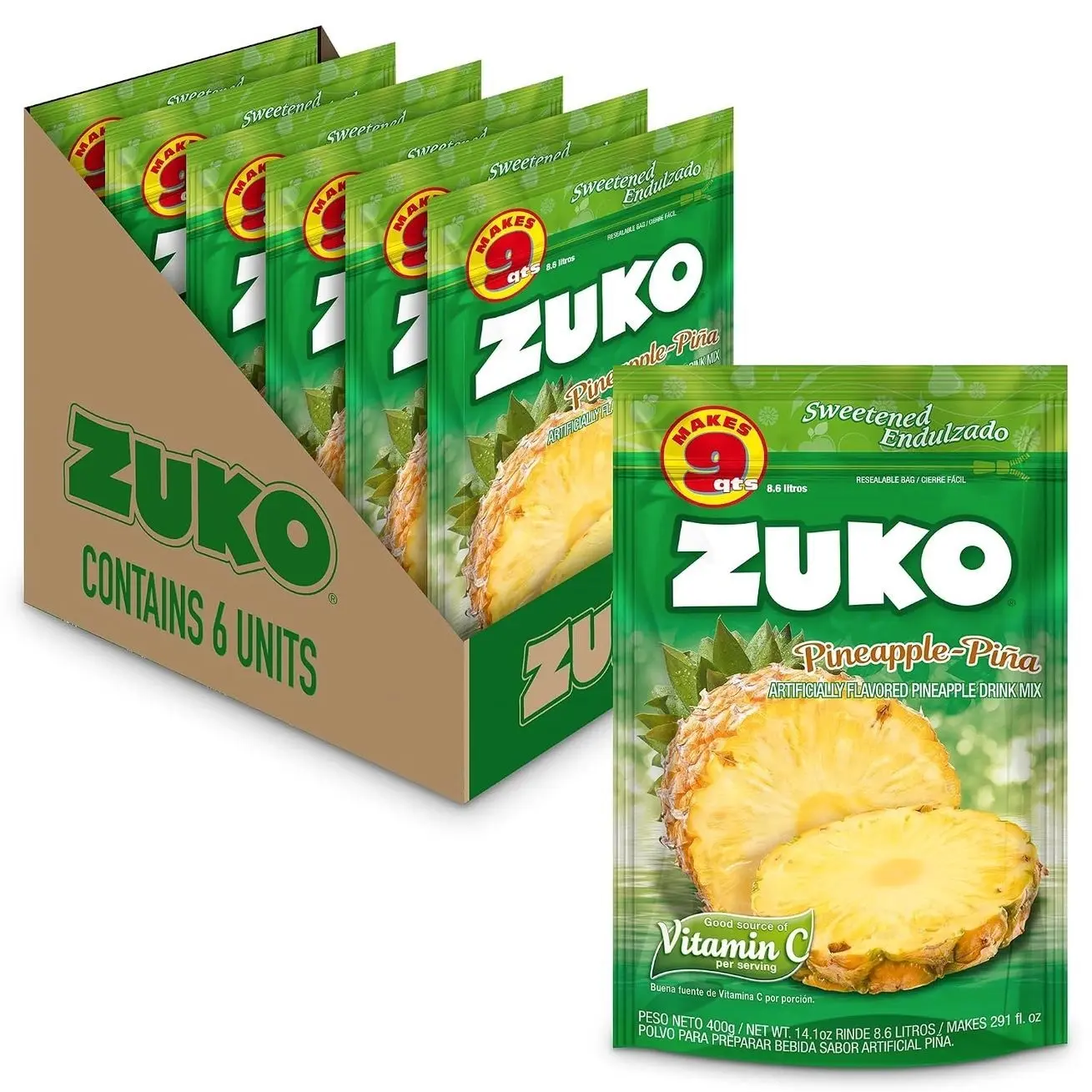 Zuko Pineapple Powdered Drink Mix Family Pack, No Added Sugar Needed, 14.1 oz (Pack of 6)