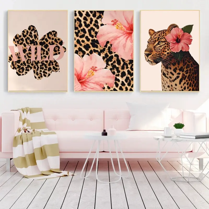 3pcs Set Funky Y2K Tropical Leopard Hibiscus Flower Pink Cheetah Canvas Print Poster Vintage Hawaiian Aloha Animal Artistic Art Prints Aesthetic Wall Decor Home Decor