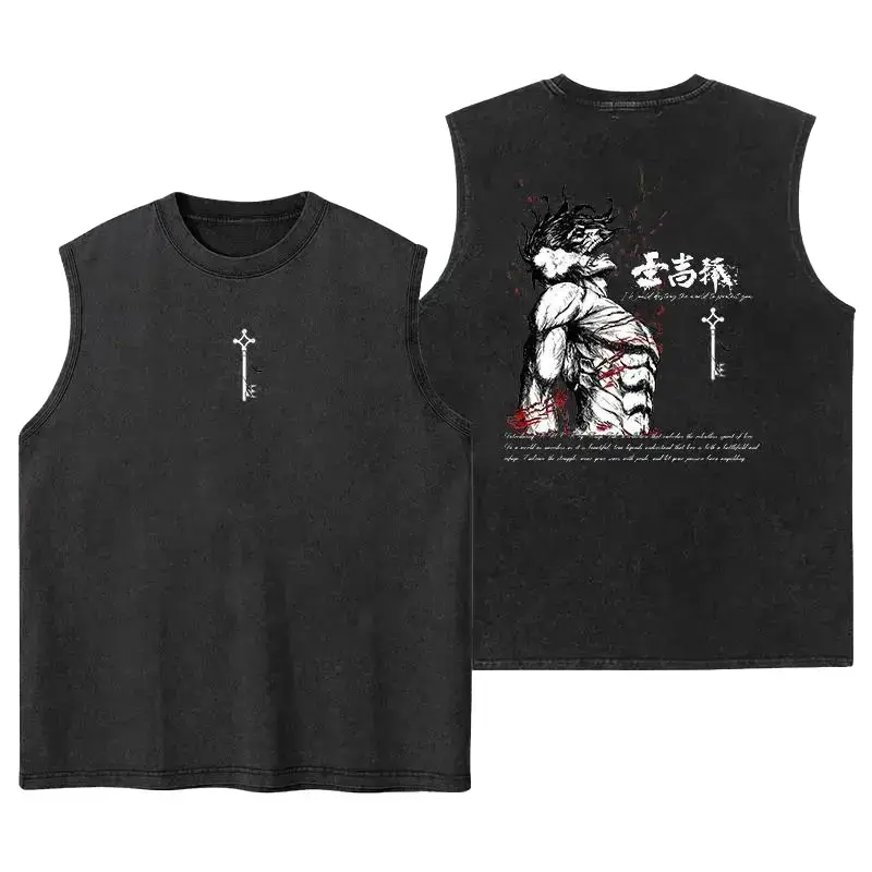 Men's Anime Graphic Tank Top, Eren Yeager Oversized Vintage Streetwear Vest in Washed Cotton with Ribbed Seamless Neck, Tee, Menswear
