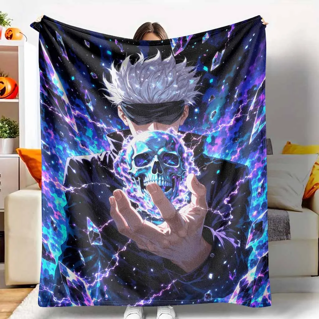 Mystic Anime Sorcerer Flannel Blanket with glowing skull crystal lightning print soft warm lightweight plush throw for sofa bedroom dorm game room movie night gift