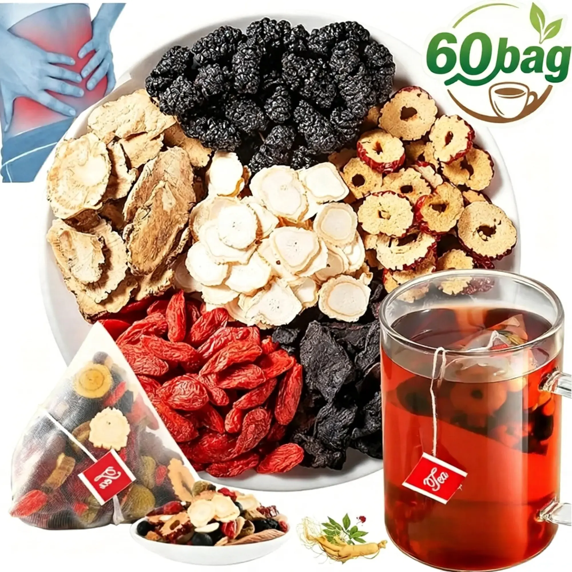 Organic Natural Wolfberry Ginseng Eight Treasure Herbal Kidney Tea 20/40/60 Bags Detox Cleanse Wellness Tonic for Men & Women Traditional Healthy Kidney Support Herbal Care Tea
