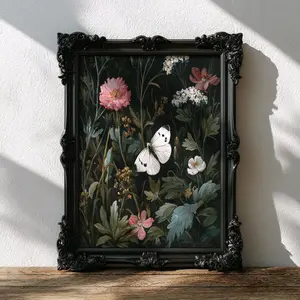 White Butterfly Floral Painting Wall Art Print, Dark Gothic Wall Art, Dark Botanical Insect Moody, Vintage Garden, Cottagecore Nature Print