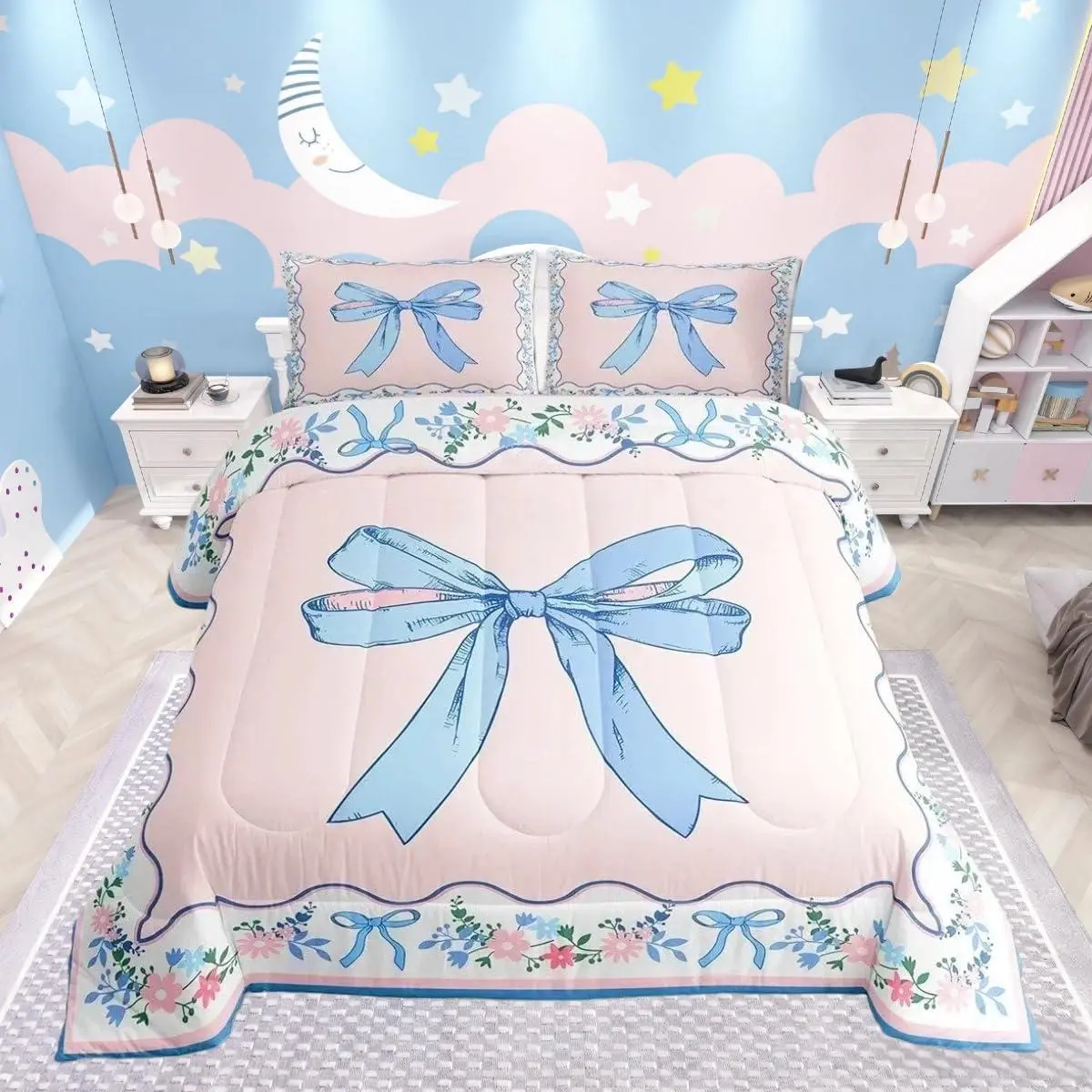 Bow Comforter Set Floral Bedding Set Pink Blue Duvet Quilt Bedroom Cute Bowknot Decor Kawaii Microfiber Ultra Soft Breathable