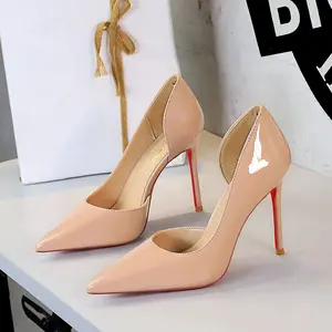 9265 European & American Style Formal Patent Leather High Heels for Women, Thin Heel, Side Cutout Design, Low-Cut, Slimming Effect, Ultra-High Heels
