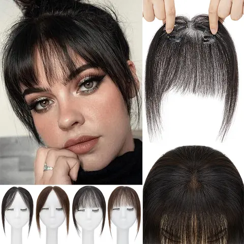 Clip In Human Hair Bangs Natural Hair Extensions Invisible Topper 100% Real Human Fringes Lace Base Clip On Bang With Temple Wispy Bangs