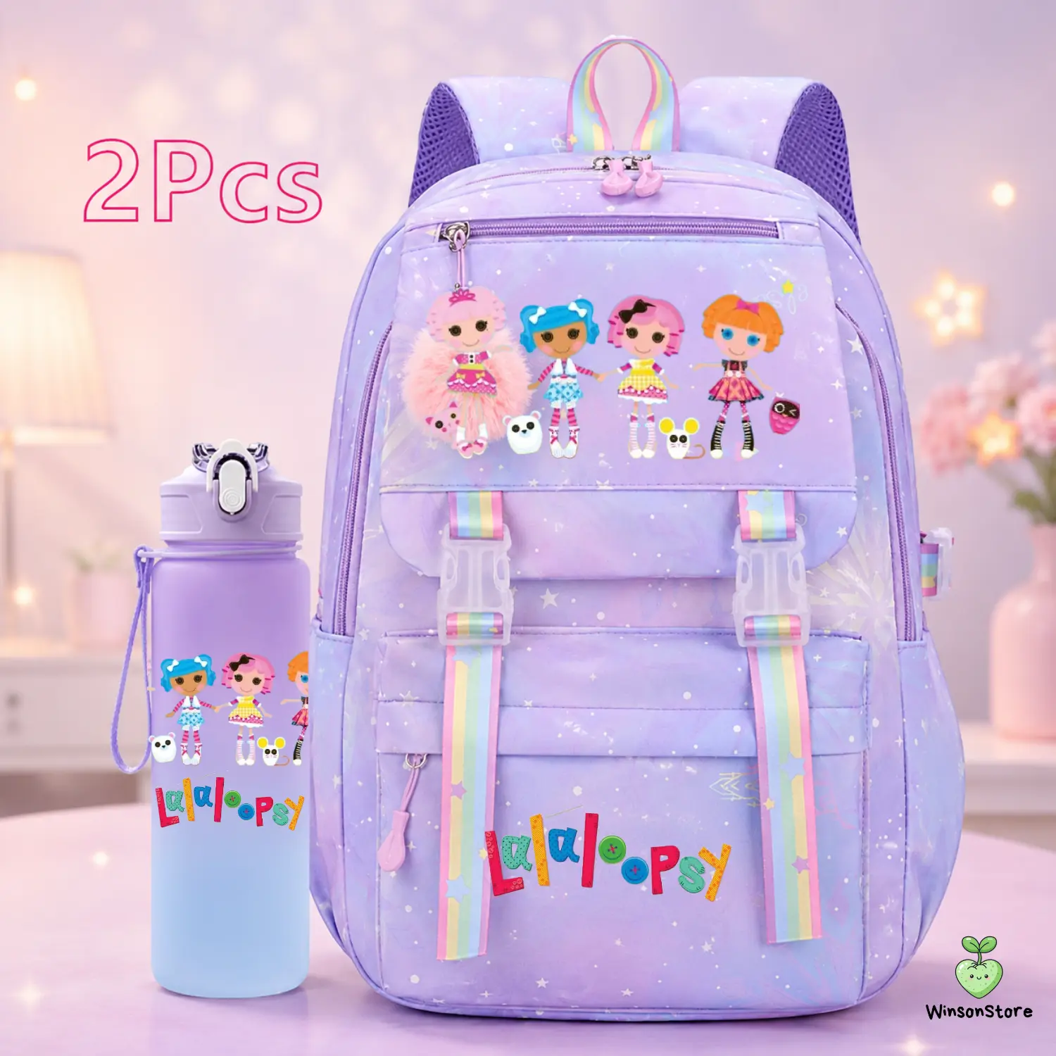 Lalaloopsy 2PCS Backpack Set for Girls | School Backpack & Water Bottle | Cute Kids Bookbag for Back to School, Travel & Gifts