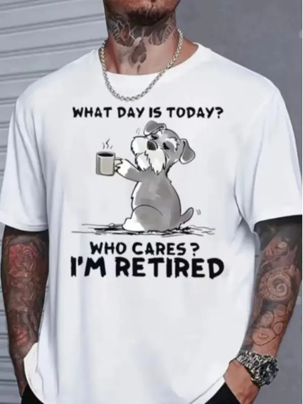 Funny Retired Life T Shirt White Basic Tee Cartoon Schnauzer Coffee Drinking Humorous Retirement Slogan Print Loose Fit Daily Outfit