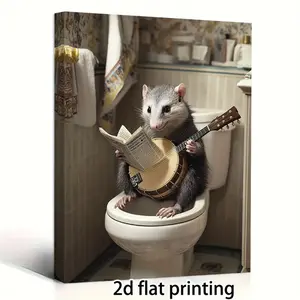 Room Decoration 1 Piece, Fantasy Possum Banjo Player Canvas Print, Quirky Bathroom Wall Art, Country Style Wooden Frame, Home Decoration