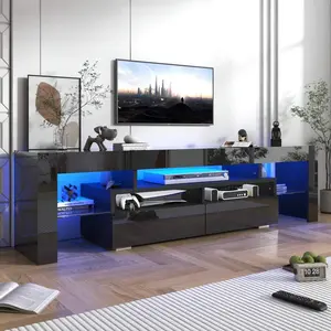 TV Stand with 16 Color LED Lights, Media Console with Drawer and Glass Open Shelf for 65/75/85/90/100 inch TV, Modern Gloss Entertainment Center for Living Room, Black/white