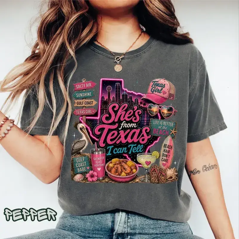 Comfort Colors She’s From Texas, Gulf Coast Beach Collage, Pelican Crawfish Margarita Skyline, Beach T-shirt, Soft Cotton, Made In The USA