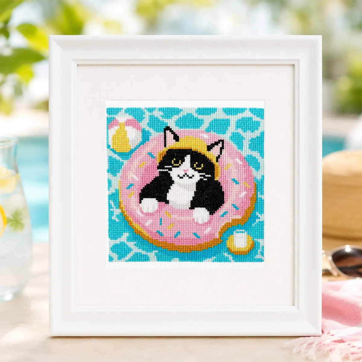 Pool Day Tuxedo Cat Cross Stitch Kit
