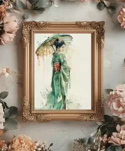 Green Japanese Geisha Artwork 8x10 Premium Matte Art Print - Unframed - Home Decor