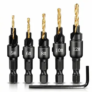 5 count Countersink Drill Bit Set, #5, #6, #8, #10, #12,  Steel Counter Sink Drill Bit Adjustable for   Screw, Depth Adjustable, 82- Chamfer, 1/4" Hex Shank