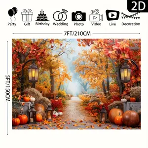 Autumn Harvest Backdrop Banner, Pumpkin Maple Leaf Vintage Lantern Decor, Thanksgiving Halloween Birthday Photo Booth Background, Durable Polyester, Indoor Outdoor Use