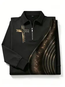 Fashionable men's geometric printed long sleeved shirt - easy to iron, zipper lapel design, suitable for autumn casual wear