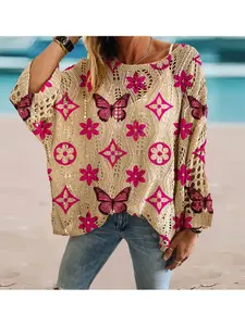 Geometric Butterfly Print Long Sleeve Knitted Top, Casual Elegant Vacation Style Sweater, Loose Batwing Shoulders, Spring Summer Fall Women's Clothing
