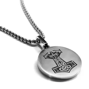 Stainless Steel Viking Mjolnir (Thor’s Hammer) Round Medallion Pendant