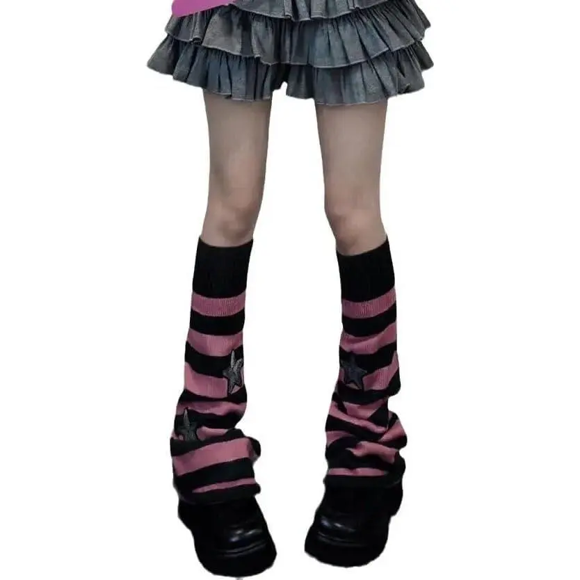 Women's Leg Warmers Striped Star Pattern Knitted Y2k Punk Japanese Kawaii Streetwear Harajuku Knee High Leg Socks