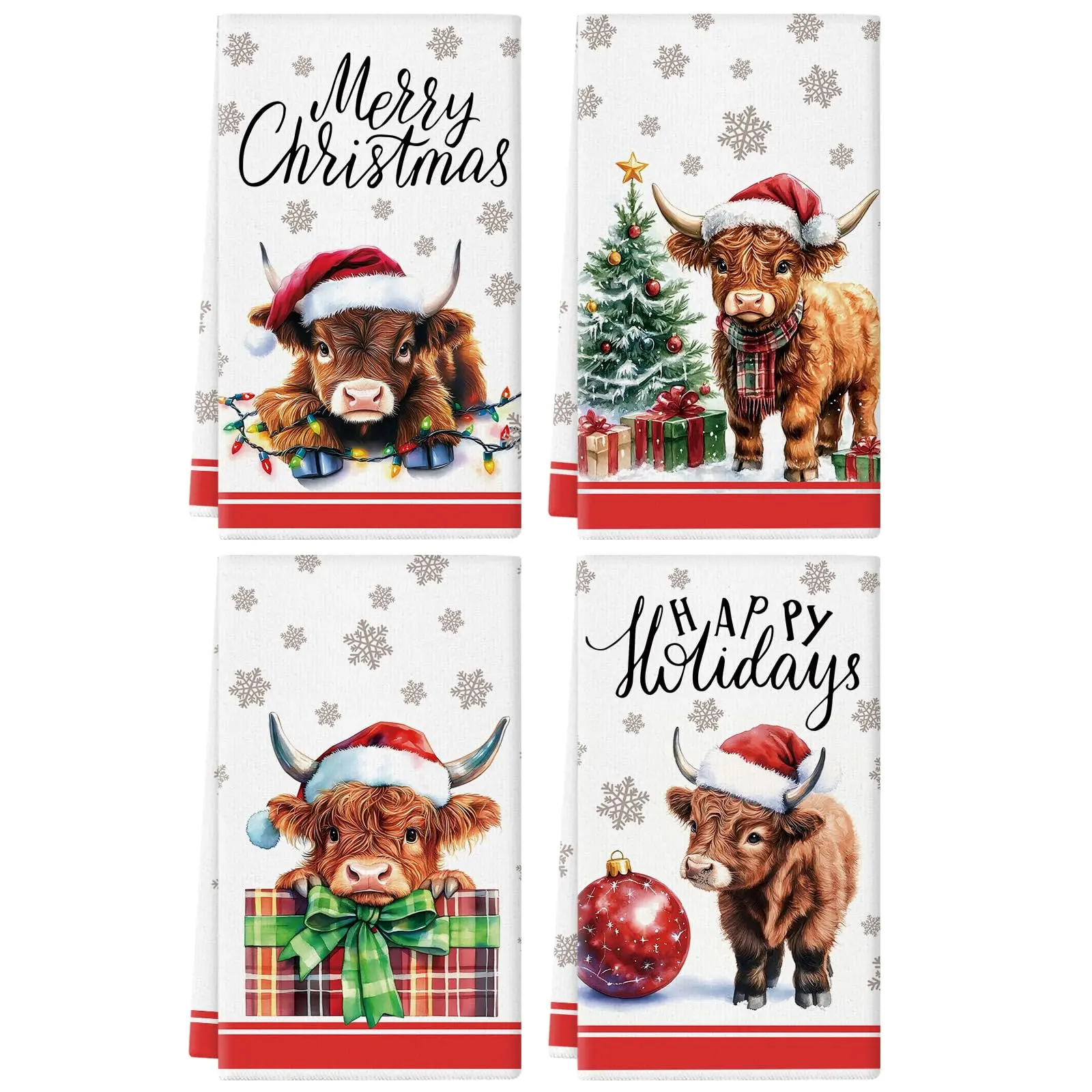 Christmas Kitchen Towels Highland Cow 18 x 26 Inch Set of 4 Dish Towels Hand Towels for Winter Holiday Home Indoor Bathroom Party Dining Decor Gifts