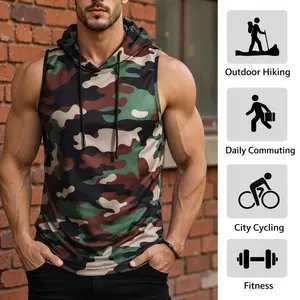 Men’s camouflage hooded sleeveless fitness tank top — wrinkle-resistant, abrasion-resistant, breathable fabric; curved hem; drawstring hood design; hardcore gym aesthetic; ideal for weightlifting training, everyday wear, and commuting.