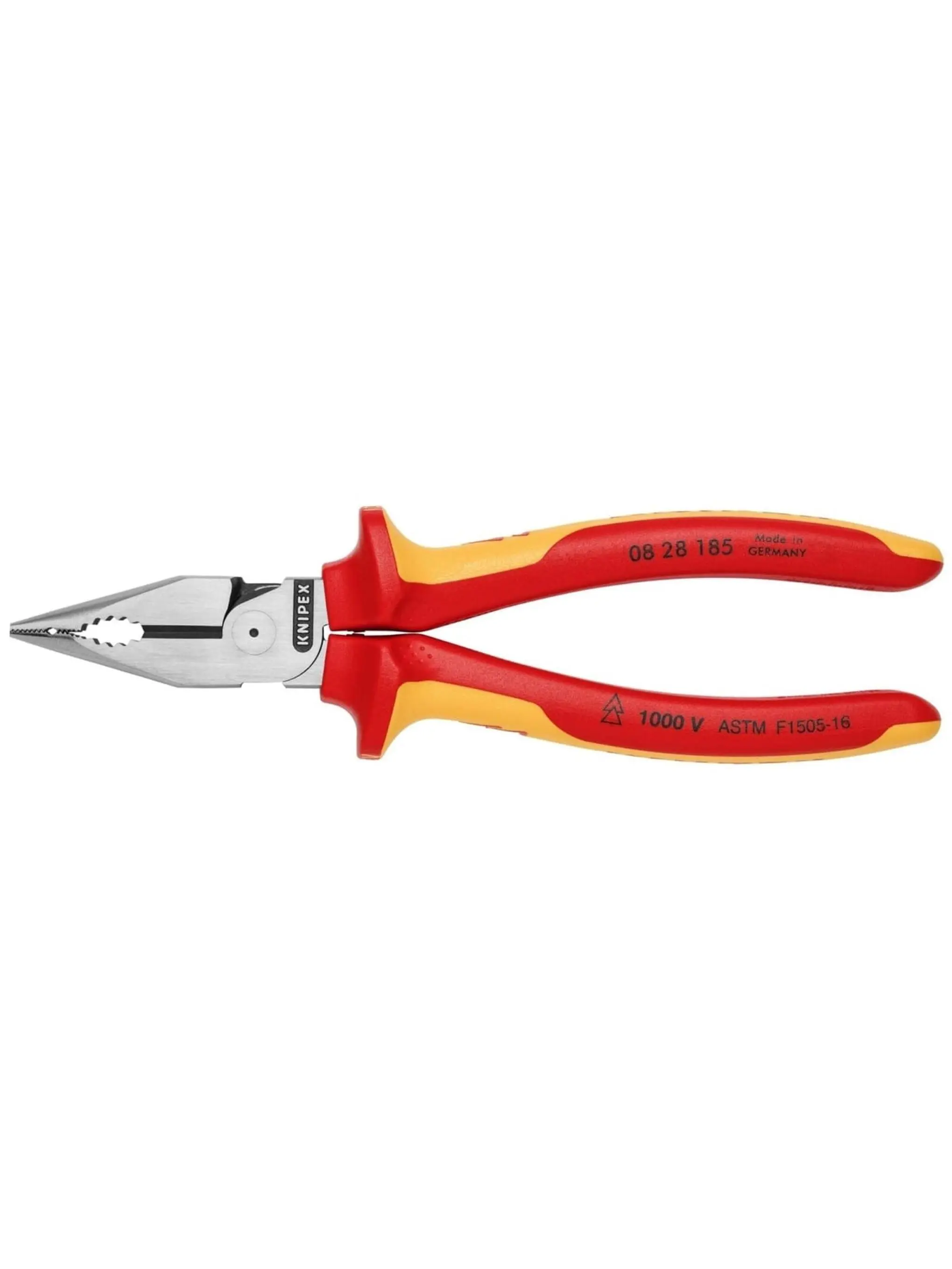 Knipex KNP0828185SBA 1000V Insulated Crimp Needle-Nose Combination Pliers, 7.25in Hand Tool with Asymmetrical Pipe Gripping Area, Convex Jaws, Easy Cutting of Soft/Medium-Hard/Hard Wire, Work in Confined Areas