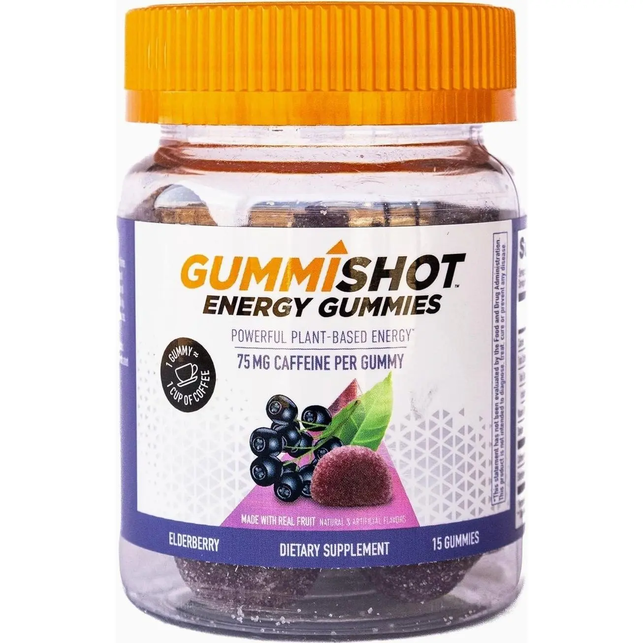 GummiShot Energy Gummies, 1125 mg of Plant-Based Caffeine Chews per Bottle, Long Lasting Energy Boosters, Elderberry (15ct)