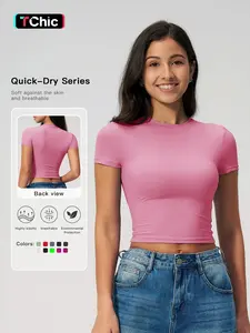 Women's Plain Round Neck Crop Sports Tee, Sporty Casual Tight-fitting Short Sleeve T-shirt for Yoga Gym Workout Running, Ladies Sportswear Clothing for Summer