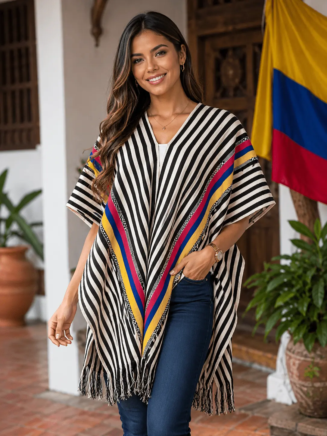 Traditional Colombian Poncho – One Size Fits Most – Handmade Style Outerwear – Imported from Colombia