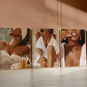 Black Girl Bathroom Poster Set of 3 Black Woman Art Luxe Fashion Print Black Female Bathroom Decor Trendy Melanin Wall Art