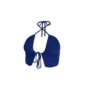 Handmade Crochet Blue Halter Top Boho Festival Tie Front Crop Top