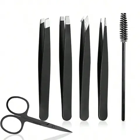 Eyebrow Tweezers Set with Curved Scissors & Brush, 6 Counts/set Stainless Steel Eyebrow Tweezers Set, Professional Makeup Tools for Women