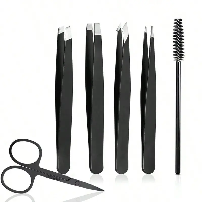 Eyebrow Tweezers Set with Curved Scissors & Brush, 6 Counts/set Stainless Steel Eyebrow Tweezers Set, Professional Makeup Tools for Women