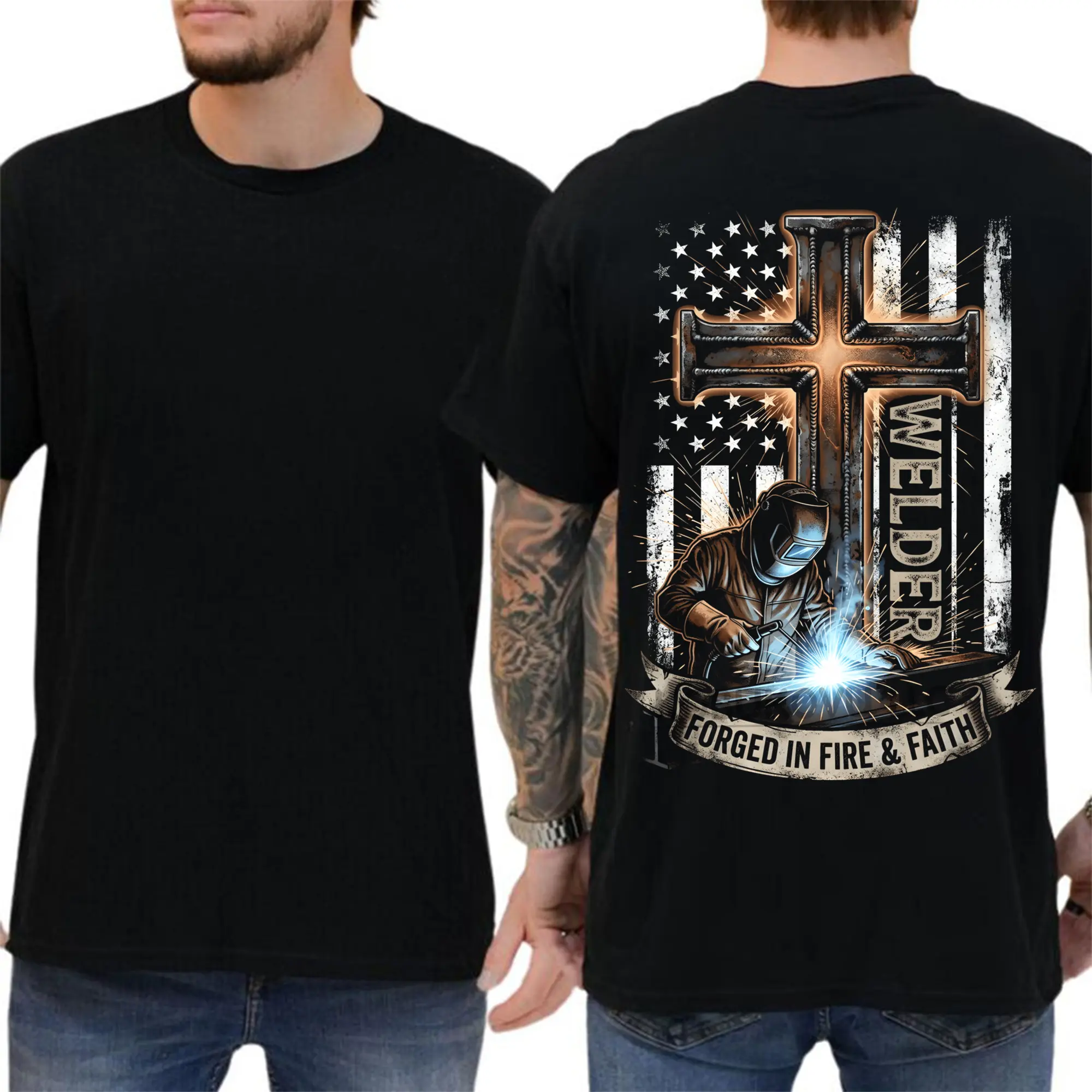 Welder Forged In Fire & Faith Shirt, Patriotic Welder Cross T-Shirt, Christian Welding Graphic Tee, American Flag Welder Shirt, Faith Based Tradesman Apparel, Blue Collar Christian Tee, Welding Life Graphic Shirt
