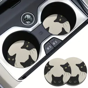 2pcs Three Cats Absorbent Car Cup Holder Coaster Mats - Car Interior Accessories for Women & Men, Water Cup Coasters for Car Vehicles & Home Desk