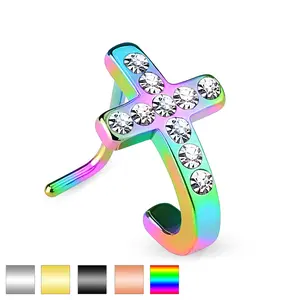 Pave Crystals Cross 316L Surgical Steel "L" Bend Nose Stud Rings