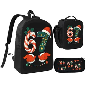 Christmas-Themed 67 Number Three-piece Backpack Set Student Backpack Pencil Case Lunch Bag Cute Holiday Style for Everyday Use