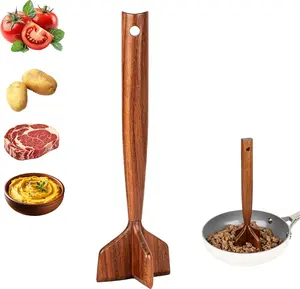 Ecoteak 4-Blade Solid Wood Meat Chopper & Shredder, 10.5 in Sturdy Multi-Use Kitchen Utensil - Wooden Potato Smasher, Hamburger Smasher, Kitchen Cooking Accessory,summervibes
