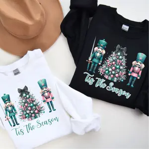 Nutcracker Trio Tis the Season Sweatshirt Christmas Holiday Crewneck Cotton Fabric Soft White Hoodie with Embroidery & Printed Neck Labels
