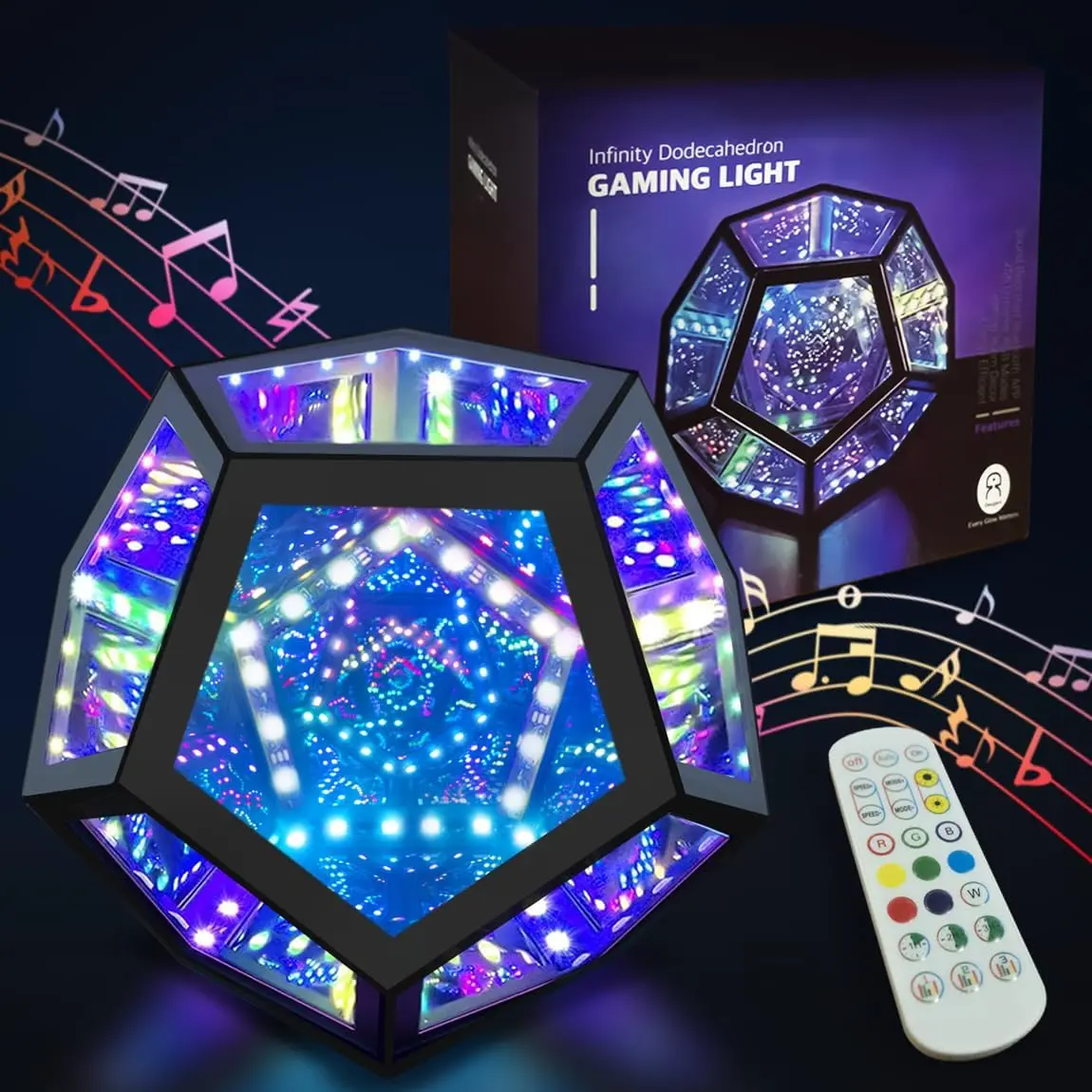 Dodecahedron Infinity Mirror Light - USB-Powered, Color-Changing Customizable, Music-Sync, Timer Function Cool Gadget, Aesthetic Room Decor, Funky Home Decor, Lights for Bedroom