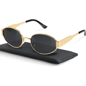 Retro Polarized Sunglasses-UV400 Protection, Oval Shape, Metal Frames With Matching Soft Case