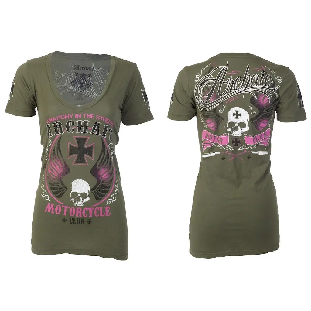 ARCHAIC by Affliction Women's Love Skull Printed V-Neck Cut T-Shirt - Shortleeve Cotton, Dark Aesthetic, T-Back, Pull On, Regular Fit, 2000s Casual Ootd, Cold Wash